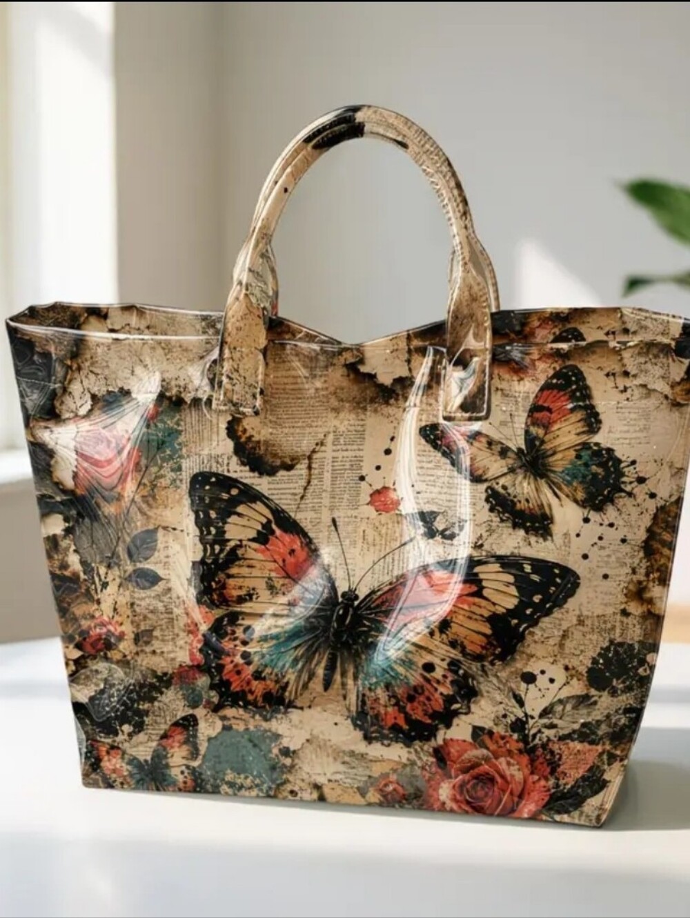 Beautiful Butterfly Newspaper Print Large Tote Bag - Picture 4 of 9